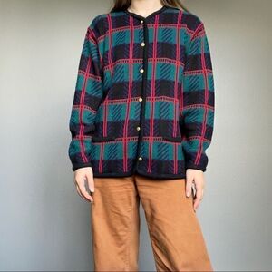 Vintage Women’s Crystal Kobe Preppy Plaid Holiday Christmas Cozy Cardigan XL